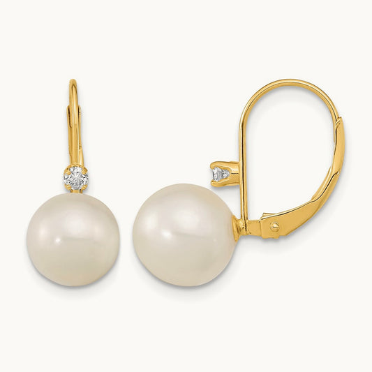 9- White Round FWC Pearl .10ct Diamond Leverback Earrings, 9.5mm, 14K