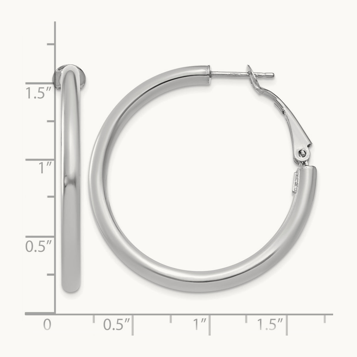 Polished Round Omega Back Hoop Earrings — 14K White Gold, 3x36mm