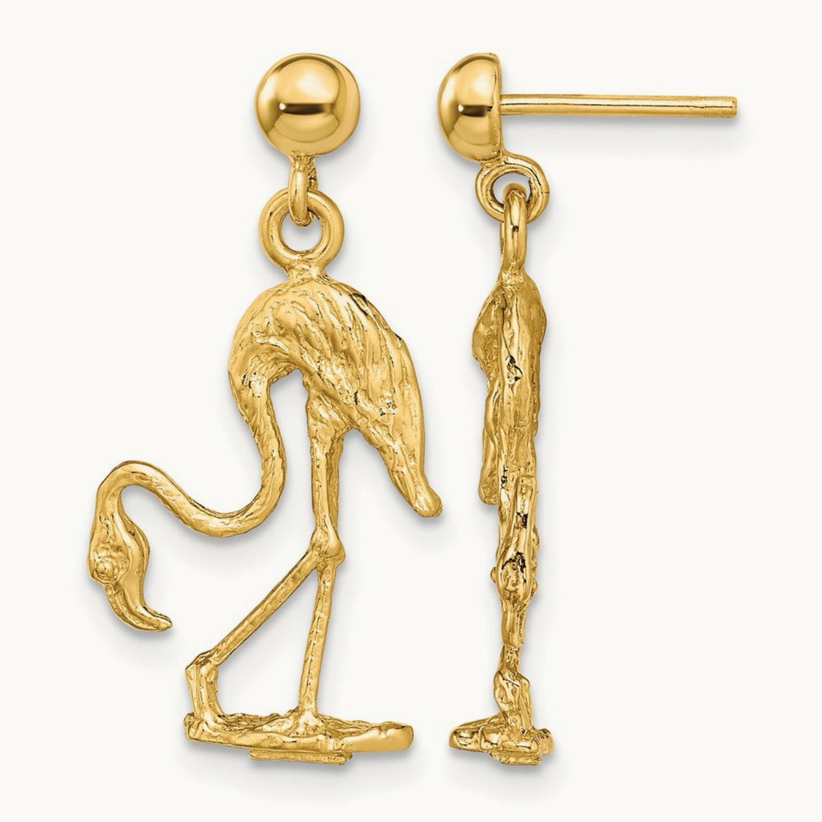 3-D Flamingo Dangle Earrings, 14K