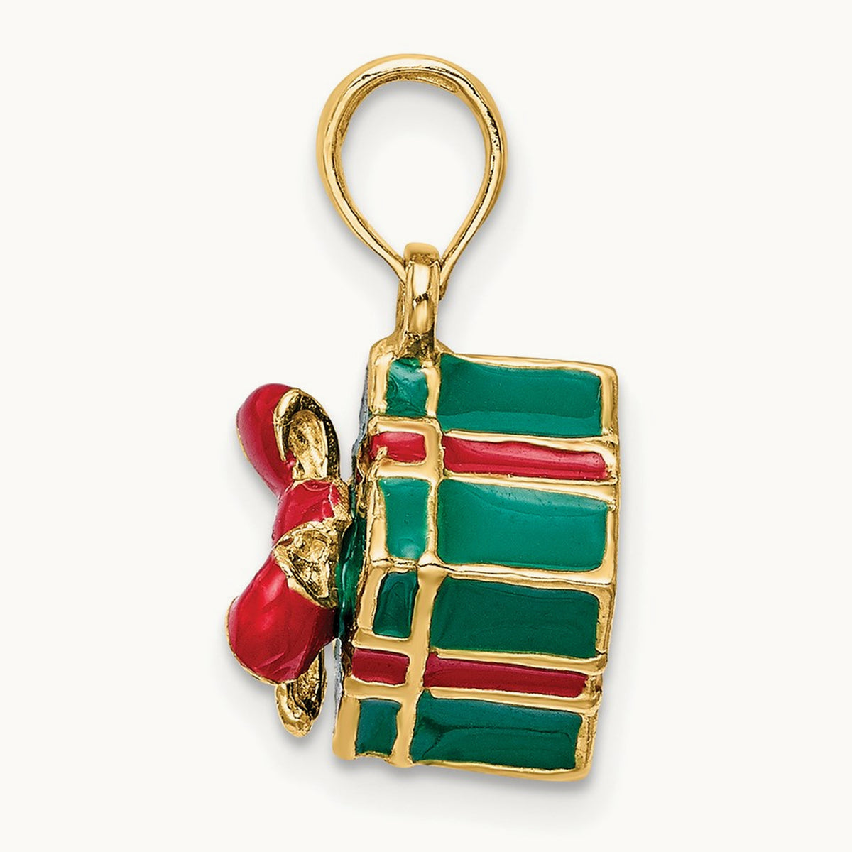 3-D w/Enamel Green Gift Box w/Red Bow Charm, 14K