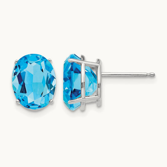 Blue Topaz Oval Stud Earrings, 14K White Gold
