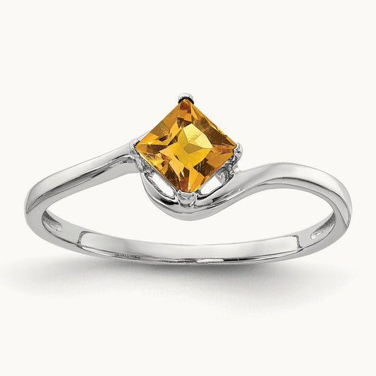 Princess Cut Citrine ring, 4mm, 14K White Gold
