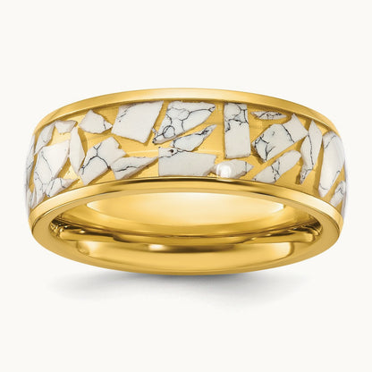 Polished Yellow IP w/Ceramic Fragments Inlay Band, 8mm, Stainless Steel