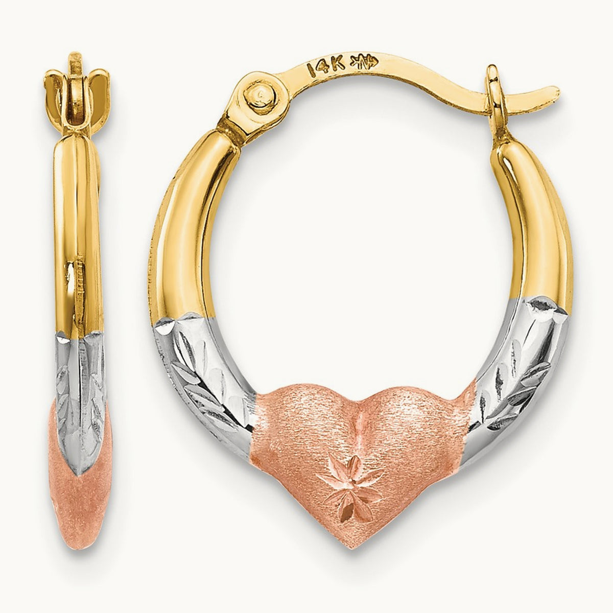 w/Rose and White Rhodium Madi K Heart Hoop Earrings, 14K