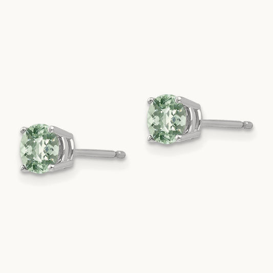 Round Checker-Cut Green Quartz Earrings, 5mm, 14K White Gold