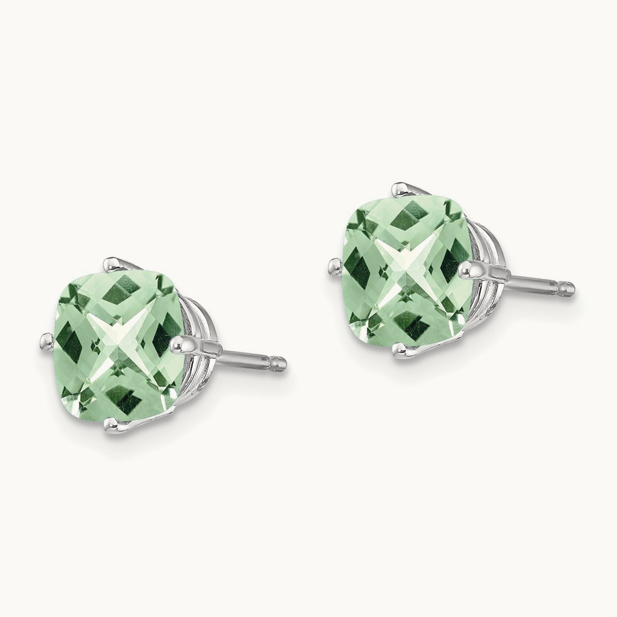 Cushion Checker-Cut Green Quartz Earring, 7mm, 14K White Gold