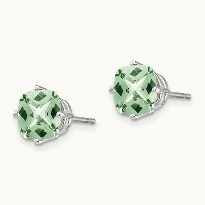 Cushion Checker-Cut Green Quartz Earring, 7mm, 14K White Gold