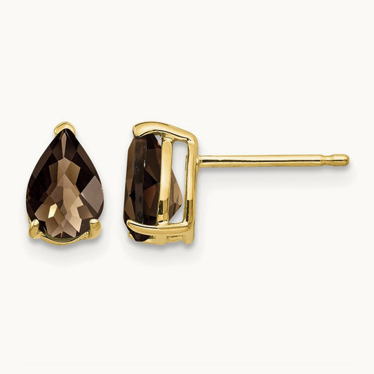 7x5 Pear Checker-Cut Smoky Quartz Earrings, 14K