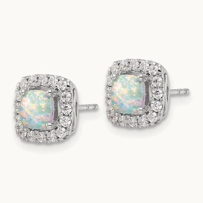 Oct Birthstone Created Opal Post Earrings, 0.25 ct tw Lab-Grown Diamond — 14K White Gold