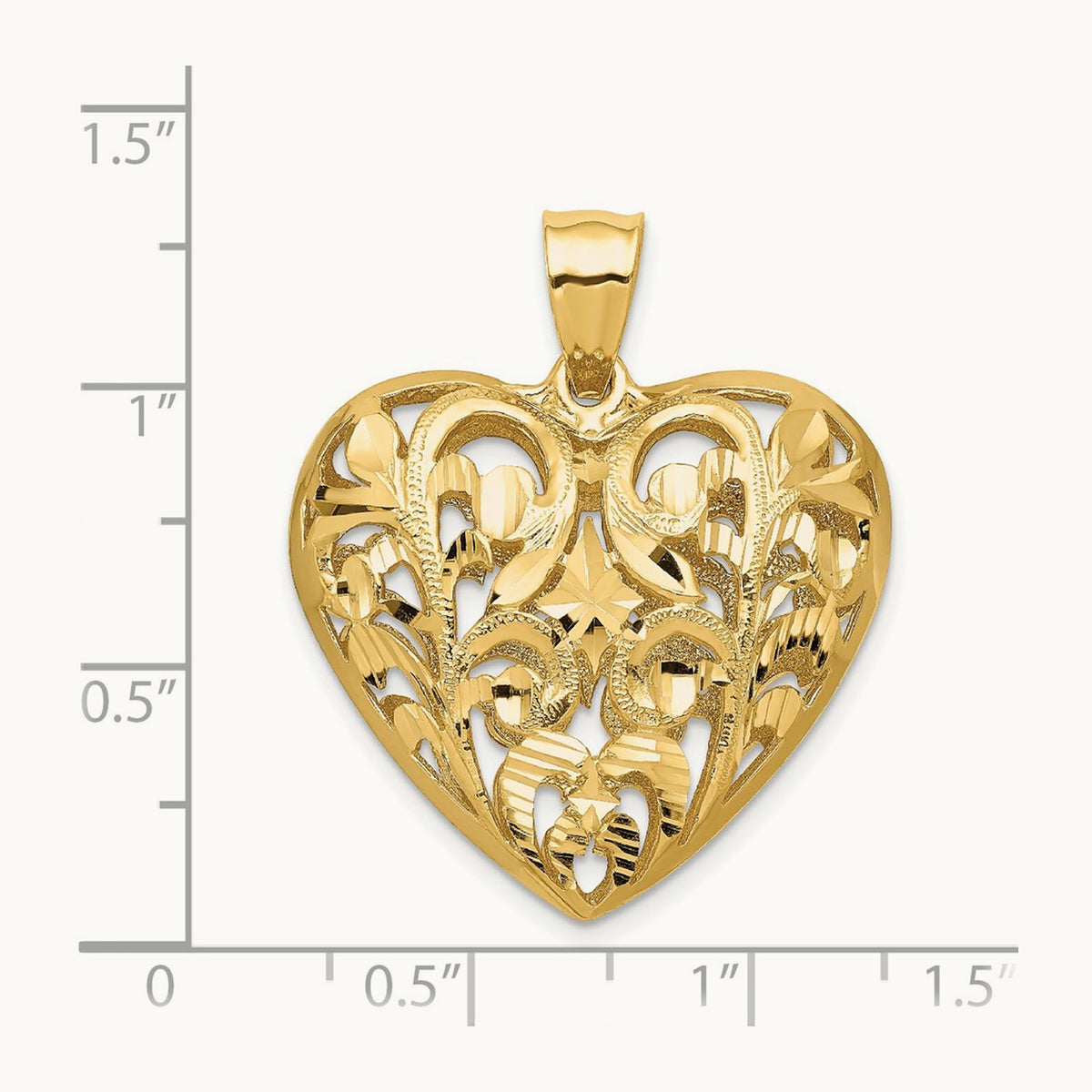 Polished Diamond-cut Filigree 3-D Heart Pendant, 14K