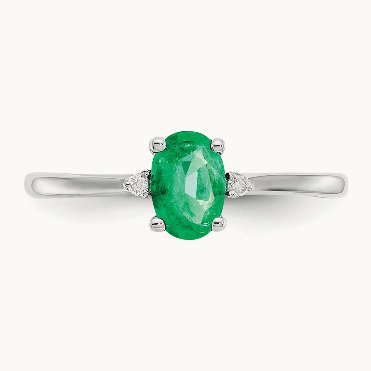 Diamond & Emerald Birthstone Ring — 14K White Gold, 6