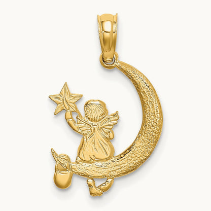 Angel Holding a Star on a Half Moon Charm, 14K