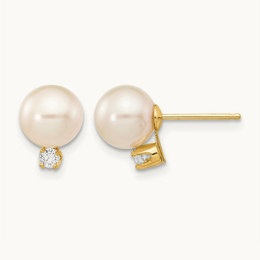 7- White Round Freshwater Cultured Pearl .10ct Diamond Post Earrings, 8mm, 14K