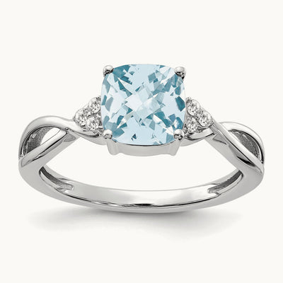 Checkerboard Aquamarine and Diamond Ring — 14K White Gold, 7