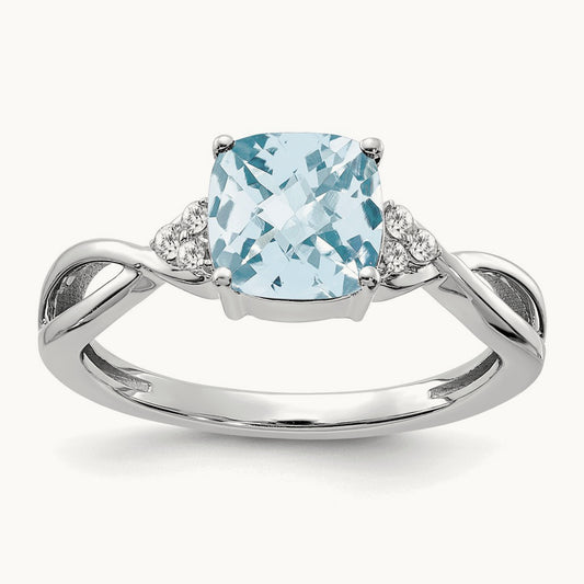 Checkerboard Aquamarine and Diamond Ring — 14K White Gold, 7