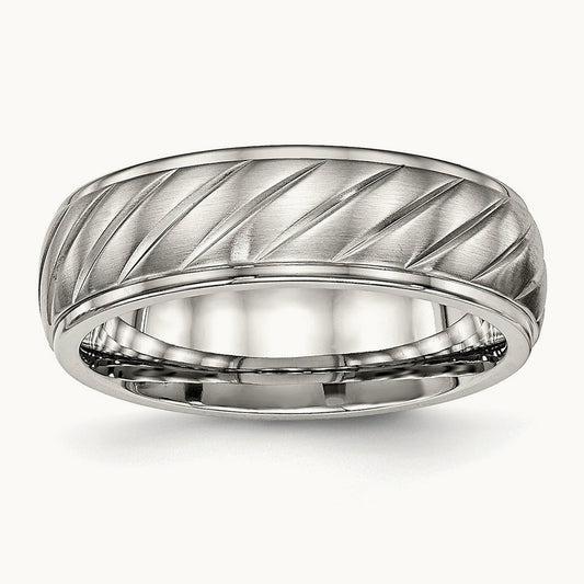Polished w/Brushed Center Grooved Band, 7mm, Stainless Steel