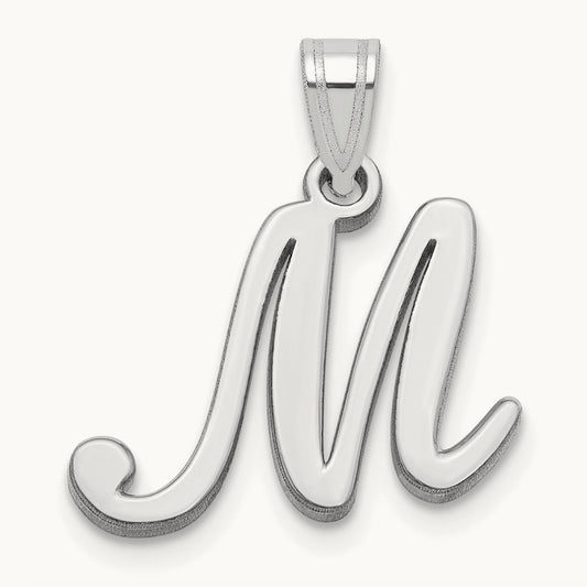 White Gold Script Letter M Initial Pendant, 14K White Gold