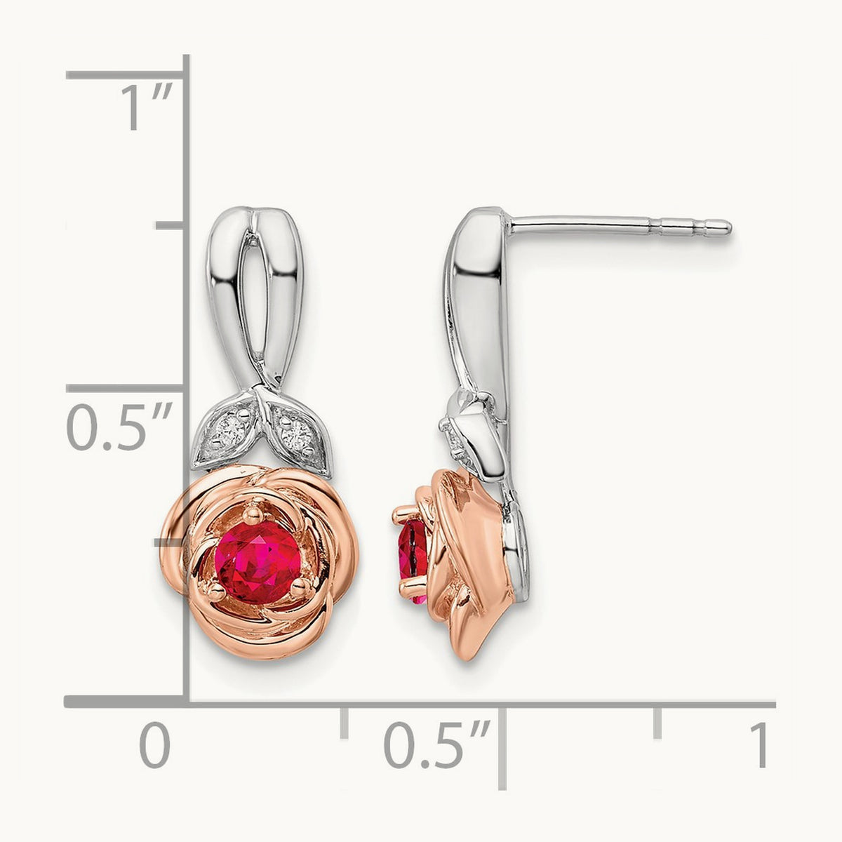 & Rose Ruby and Diamond Flower Post Earrings, 14K Two-tone White