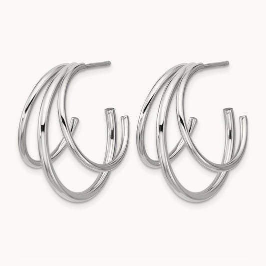 RH-plated Polished 3-row J-hoop Post Earrings, Sterling Silver — Leslie's