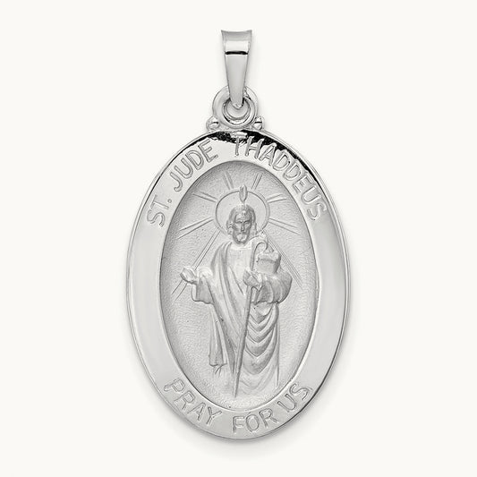Polished St Jude Oval Solid Medal Pendant, 14K White Gold