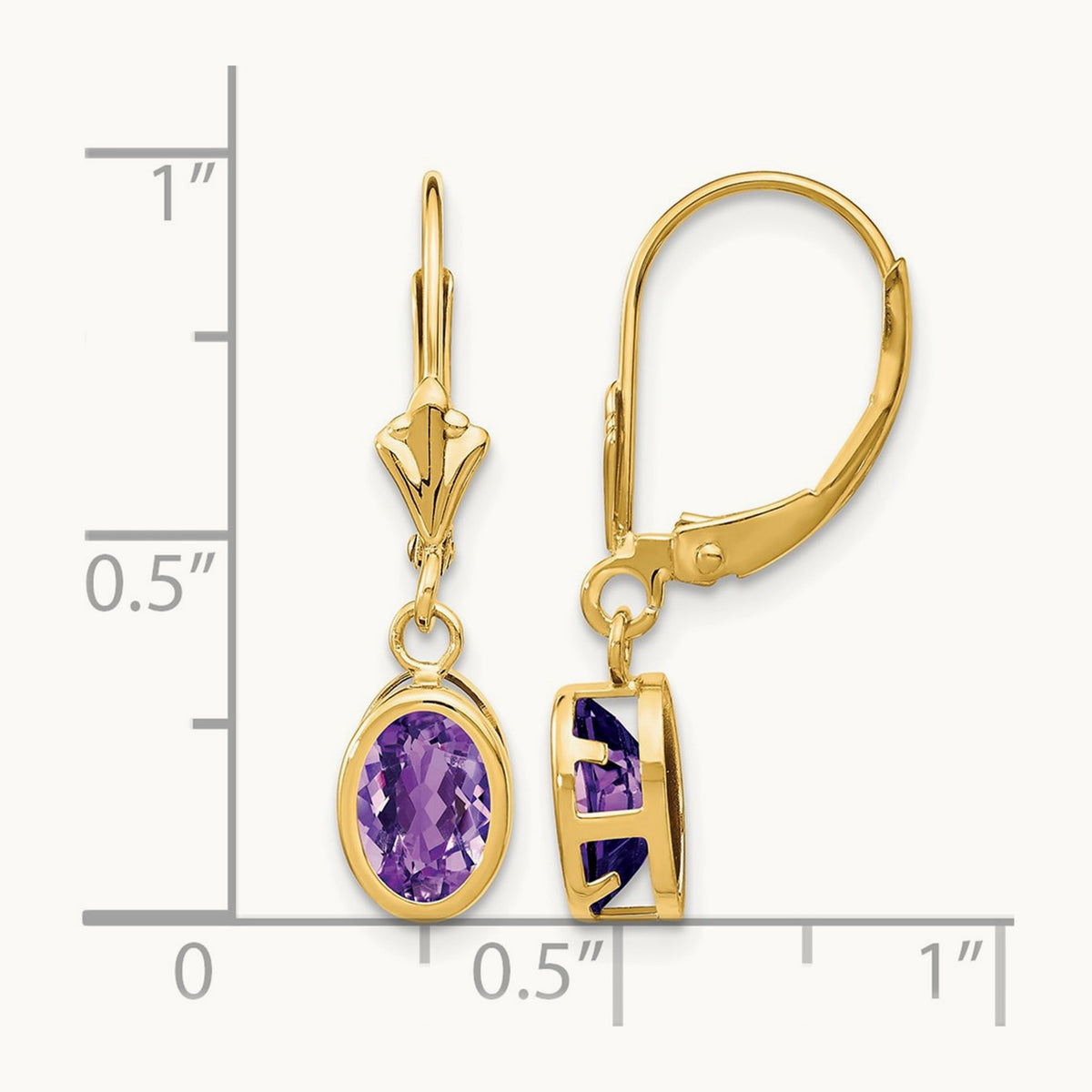 Oval Amethyst Leverback Earrings — 14K Yellow Gold, 27mm, 7x5mm