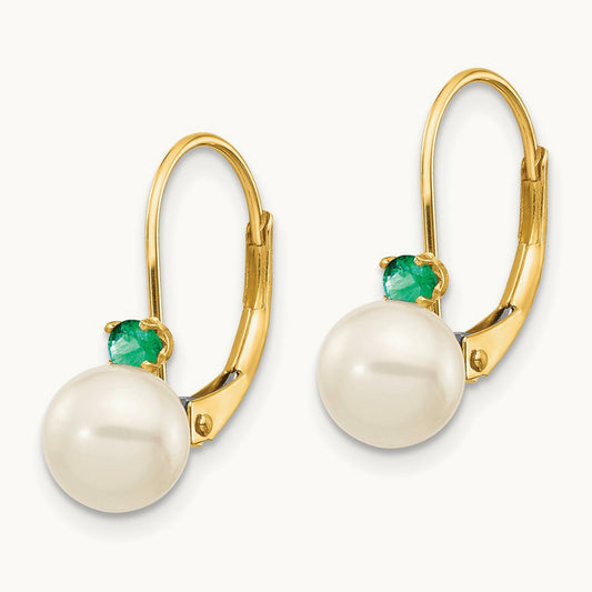 6- White Round FW Cultured Pearl Emerald Leverback Earrings, 6.5mm, 14K