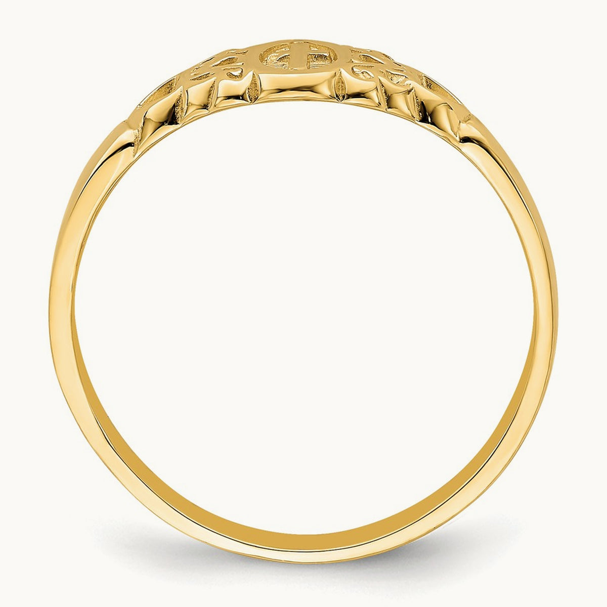 Cross Inside Oval W/Scroll and Heart Ring, 14K
