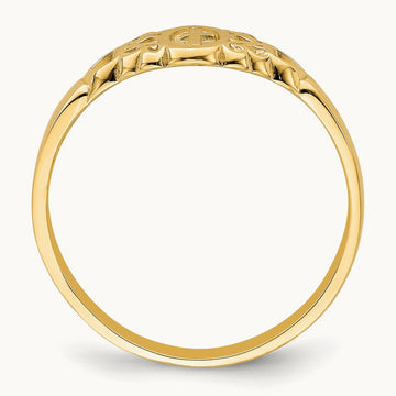 Cross Inside Oval W/Scroll and Heart Ring, 14K