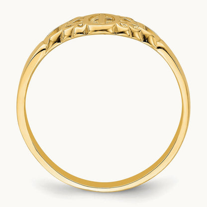 Cross Inside Oval W/Scroll and Heart Ring, 14K
