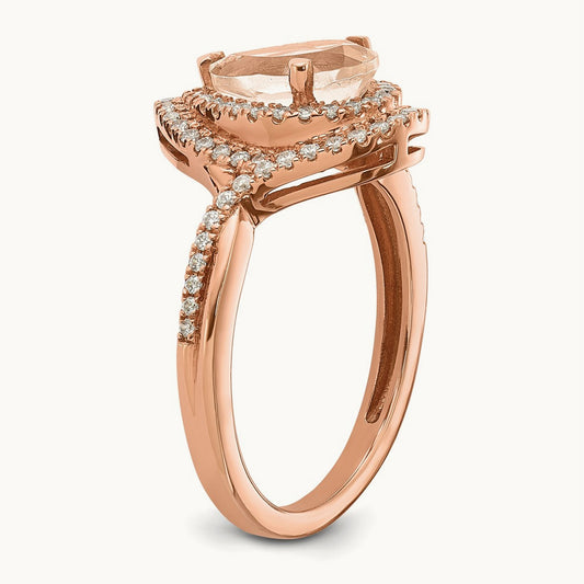 Blooming Bridal Morganite Pear Complete Engagement Ring, 14K Rose Gold