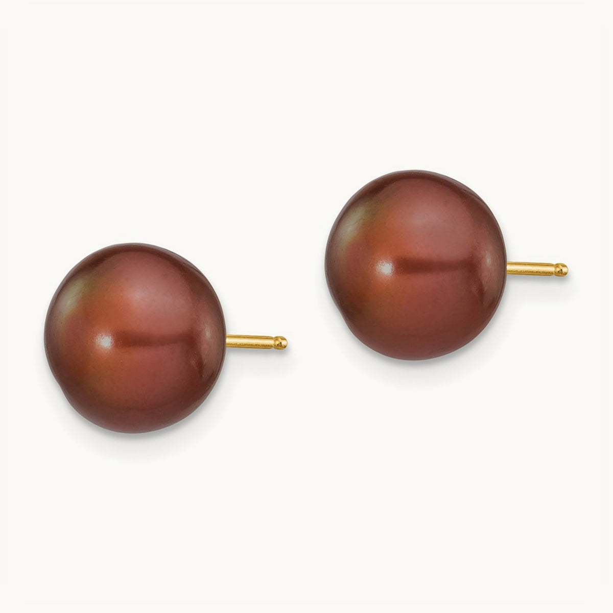 9- Brown Button Freshwater Cultured Pearl Stud Post Earrings, 10mm, 14K