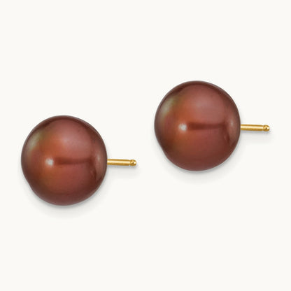9- Brown Button Freshwater Cultured Pearl Stud Post Earrings, 10mm, 14K