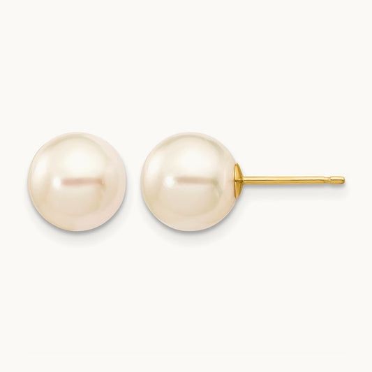 8- Round White Saltwater Akoya Cultured Pearl Stud Post Earrings, 9mm, 14K