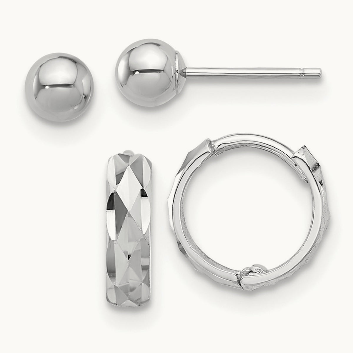 Polished Ball and D/C Hinged Hoop Earring Set, 4mm, 14K White Gold