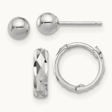 Polished Ball and D/C Hinged Hoop Earring Set, 4mm, 14K White Gold
