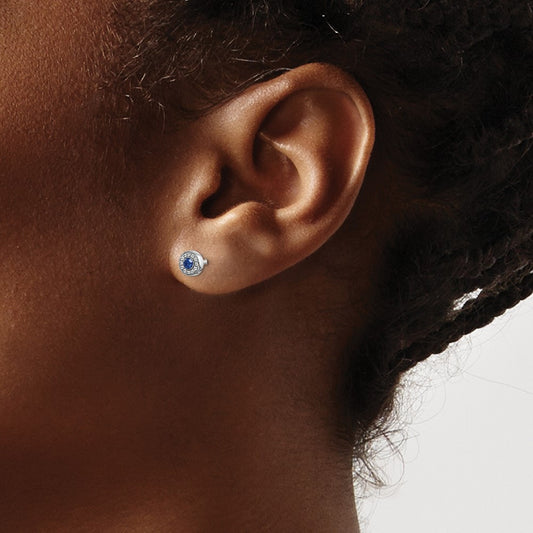 Diamond and Sapphire Halo Post Earrings — 14K White Gold