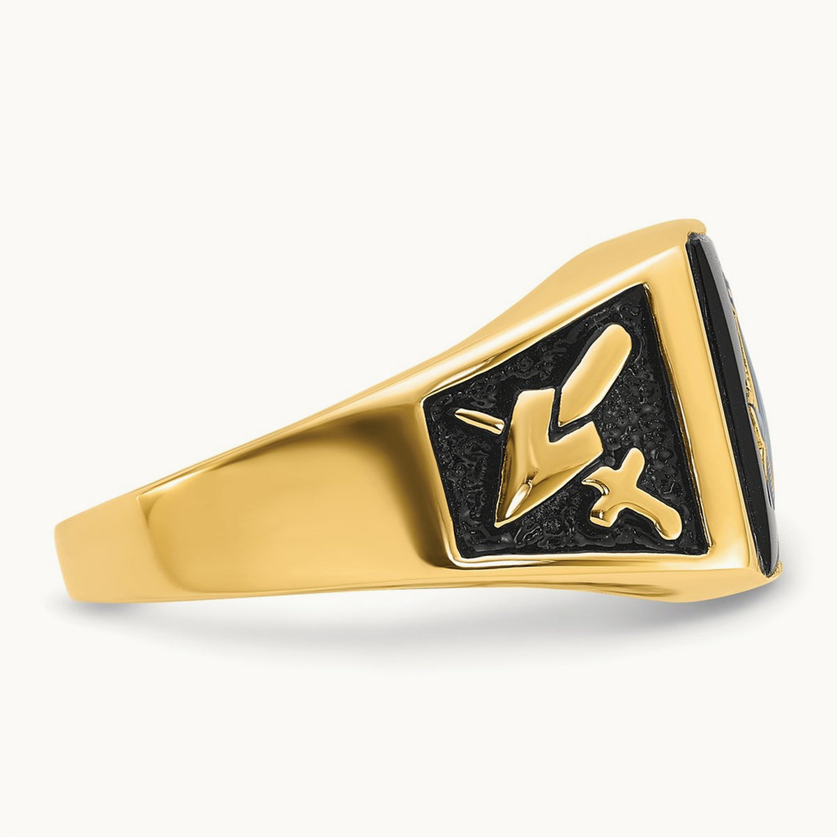 Men's Polished and Textured with Black Enamel & Onyx Masonic Ring, 14K