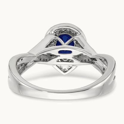 Pear Created Sapphire and Diamond Halo Ring, 14K White Gold