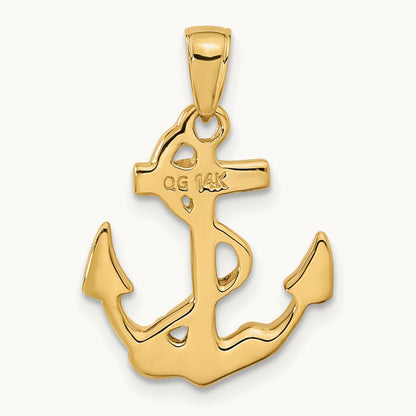 Solid Polished Anchor Pendant — 14K Yellow Gold, 24mm