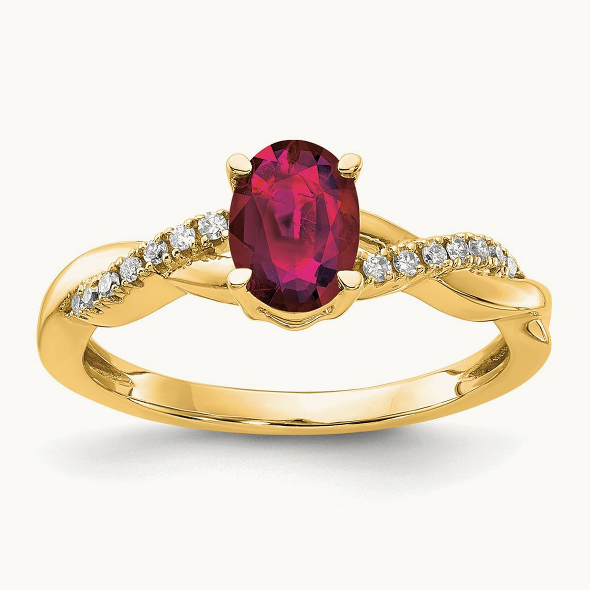 Oval Created Ruby and Lab-Grown Diamond Ring — 14K Yellow Gold, 7