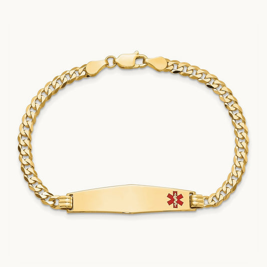 Medical Soft Diamond Shape Red Enamel Flat Curb Link ID Bracelet, 14K