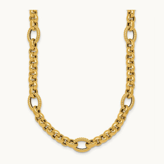 Polished and Textured Fancy Link 18in Necklace, 14K