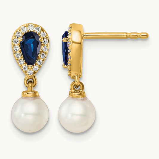 Polished Diamond Pearl and Sapphire Dangle Post Earrings, 14K