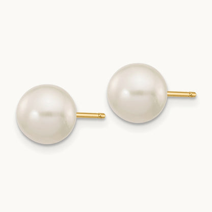 7- White Round Freshwater Cultured Pearl Stud Post Earrings, 8mm, 14K
