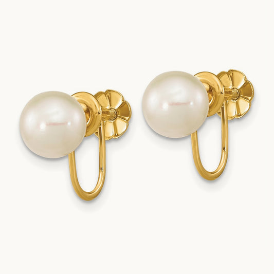 7- Round White FWC Pearl Non-pierced Earrings, 8mm, 14K