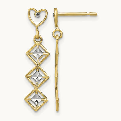 w/RH D/C Heart and Diamond Shape Post Dangle Earrings, 14K