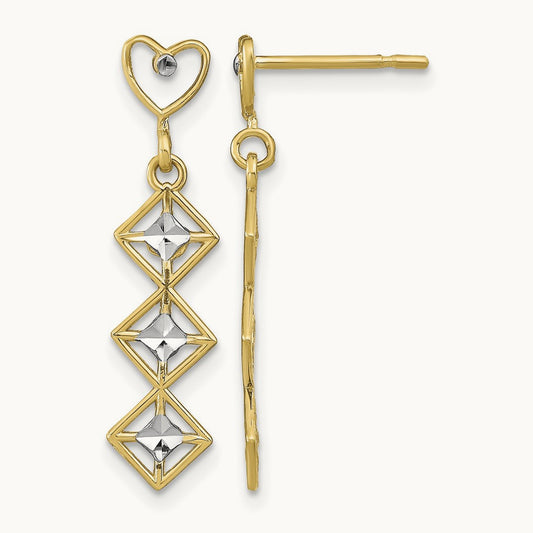 w/RH D/C Heart and Diamond Shape Post Dangle Earrings, 14K