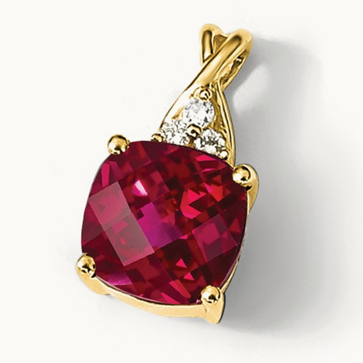 Checkerboard Created Ruby and Lab-Grown Diamond Pendant — 14K Yellow Gold