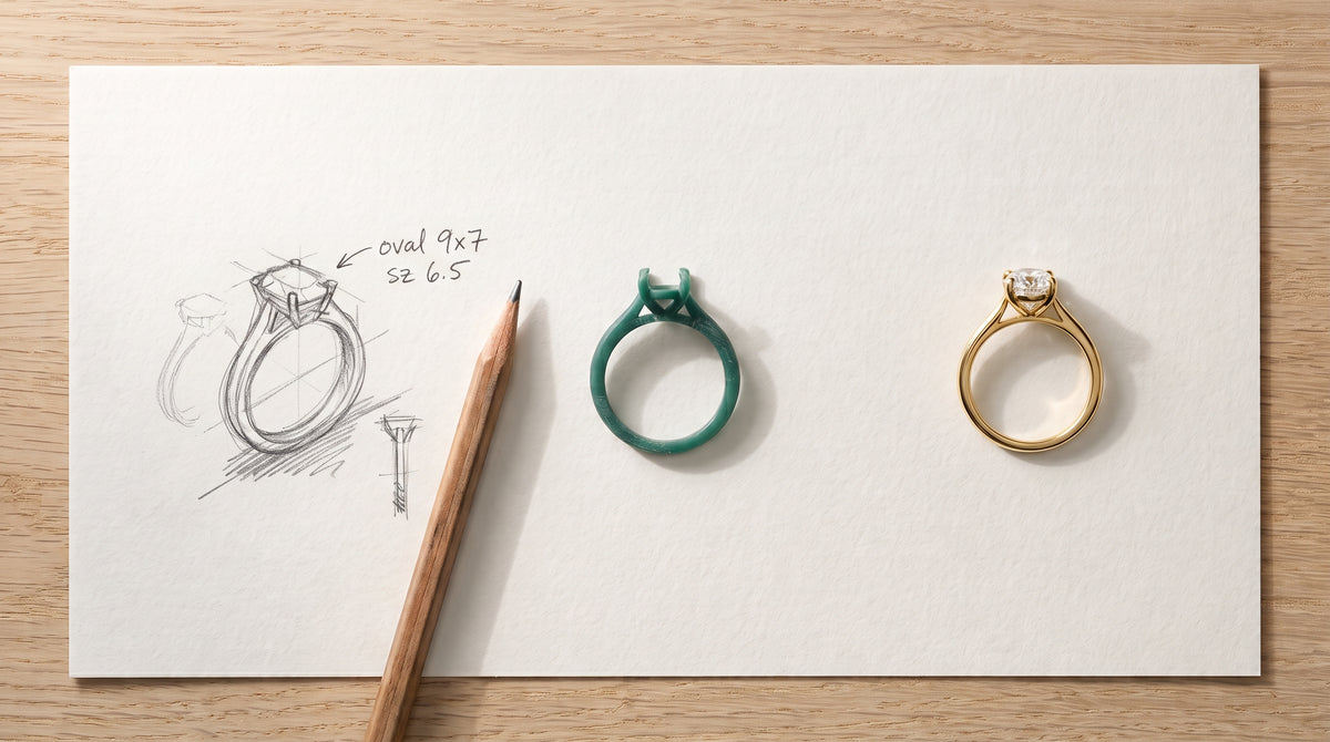 A pencil sketch of an oval diamond engagement ring, the same ring carved in green wax, and the finished yellow gold ring, side by side on paper